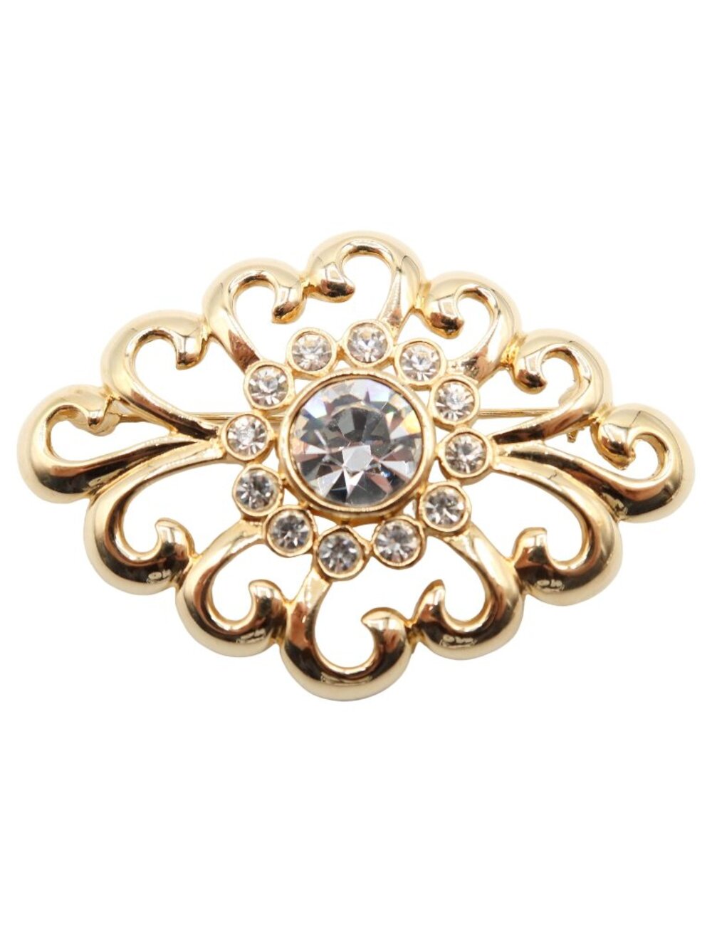 NAPIER Gold Tone Swirl Rhinestone Fashion Costume Brooch 2.25"x1.5"